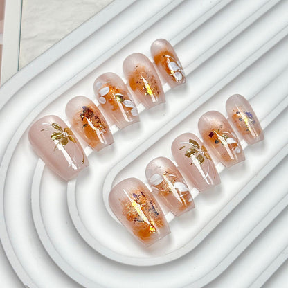 Translucent Orange Gold Foil Squoval Press-On Nails