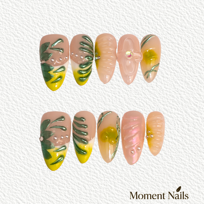 Elven Green Art Press-On Nails| Handmade Yellow Pearl Sheer | Almond
