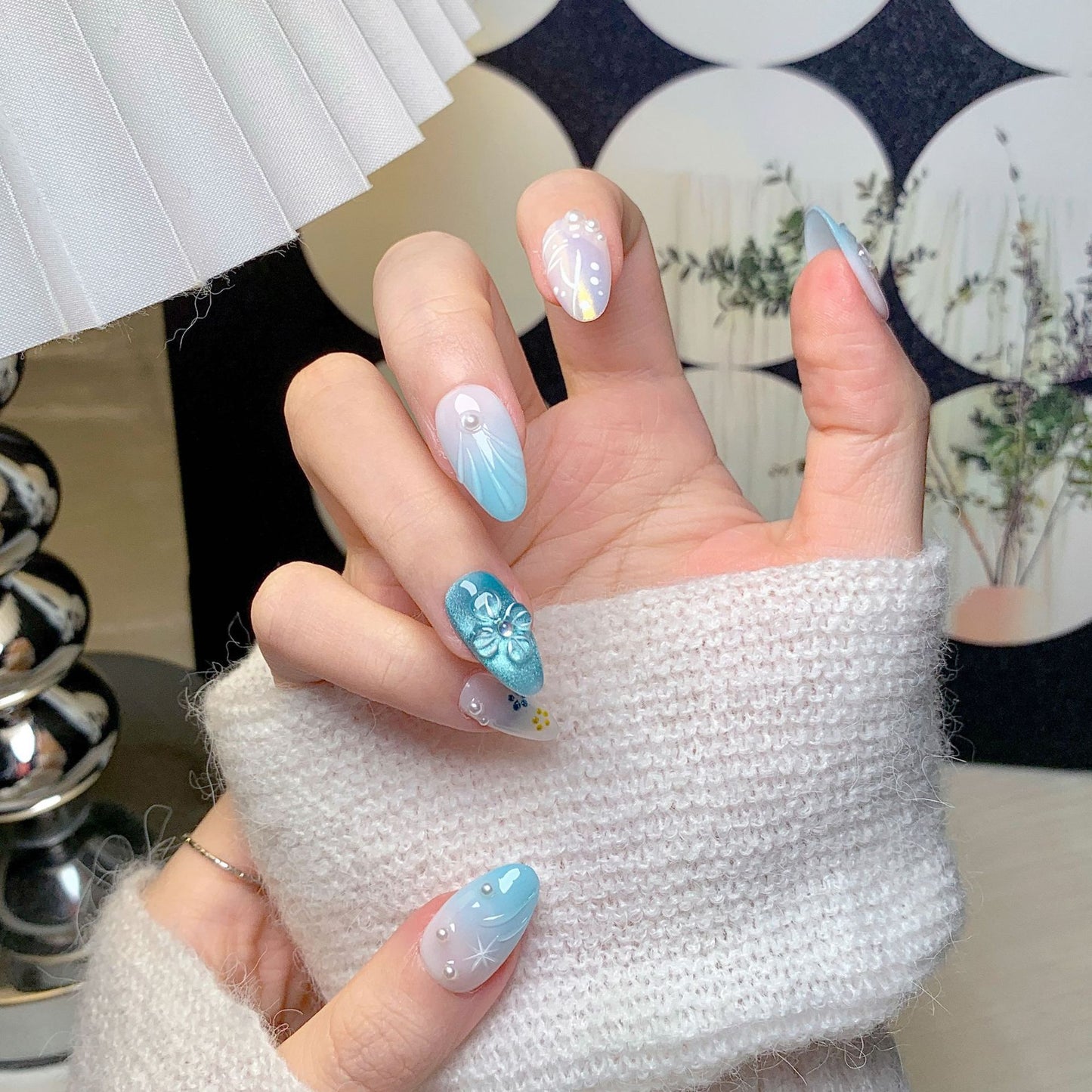 Light Blue Floral Short Almond Press-On Nails