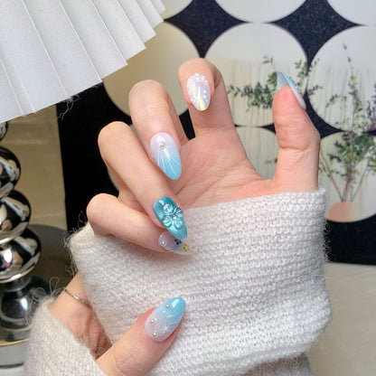 Light Blue Floral Short Almond Press-On Nails