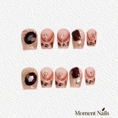 Luxury Leopard Press-On Nails | Handmade Garnet Jewel Cat Eye