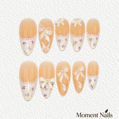 Ballet Slipper Press-On Nails | Lace Bow & Rhinestone | Almond