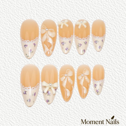 Ballet Slipper Press-On Nails | Lace Bow & Rhinestone | Almond