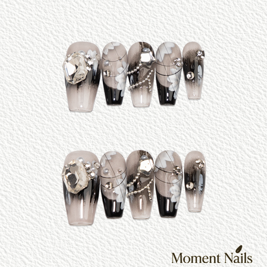 Dark French Press-On Nails | Hand-Painted Flowers Long Coffin