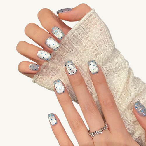 Summer Vibe Press-On Nails | Handmade Silver Blue Glitter Mix Coffin