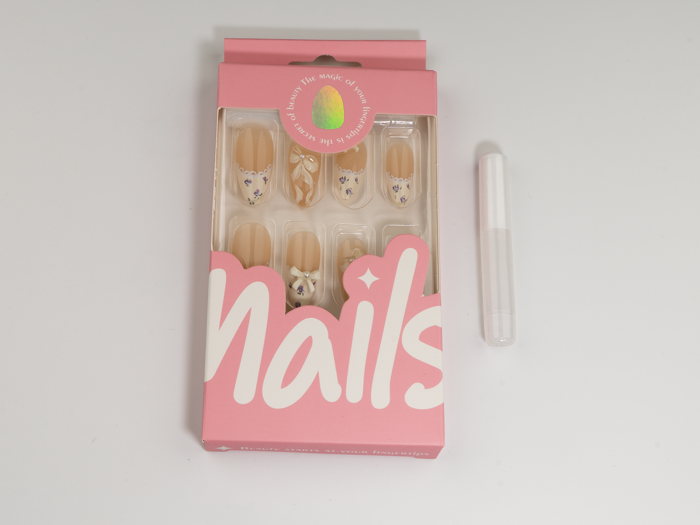 Ballet Slipper Press-On Nails | Lace Bow & Rhinestone | Almond