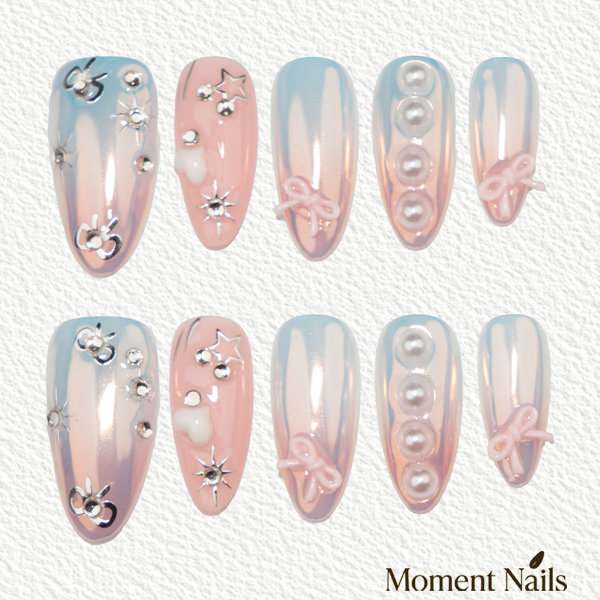 Pink Aurora Pearl & Bow Press-On Nails