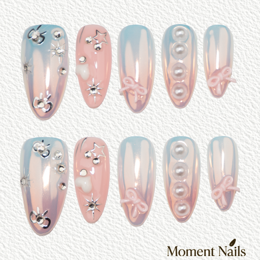 Pink Aurora Pearl & Bow Press-On Nails