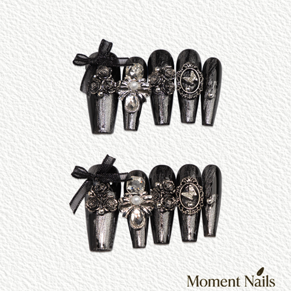Midnight Rose Press-On Nails | Handmade Gothic Black Rose Coffin