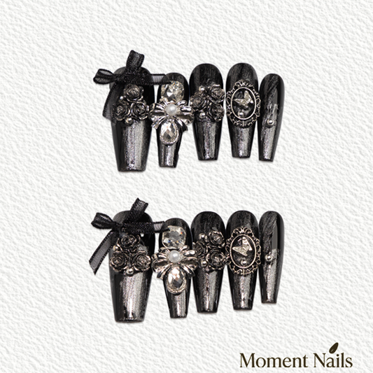 Midnight Rose Press-On Nails | Handmade Gothic Black Rose Coffin