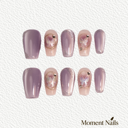 Purple-Pink Butterfly Short  Press-On Nails