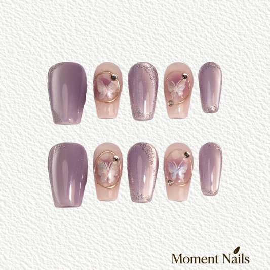 Purple-Pink Butterfly Short  Press-On Nails