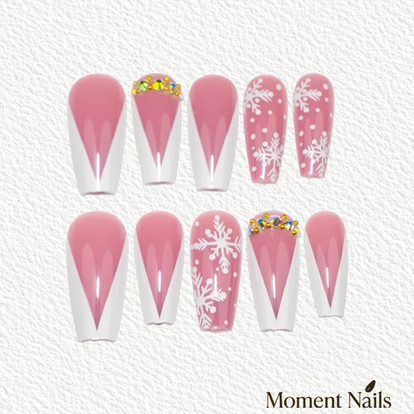 Mauve Snowflake Press-On Nails | Winter Gem Design Coffin