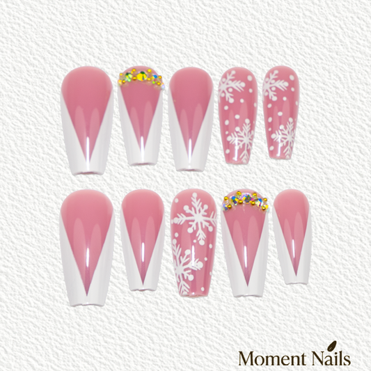 Mauve Snowflake Press-On Nails | Winter Gem Design Coffin