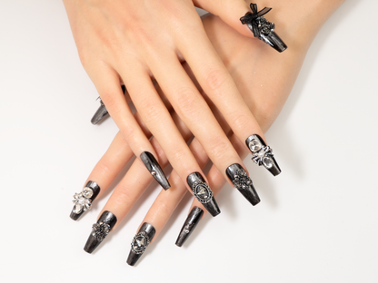 Midnight Rose Press-On Nails | Handmade Gothic Black Rose Coffin