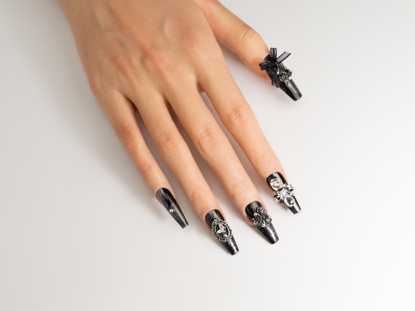 Midnight Rose Press-On Nails | Handmade Gothic Black Rose Coffin
