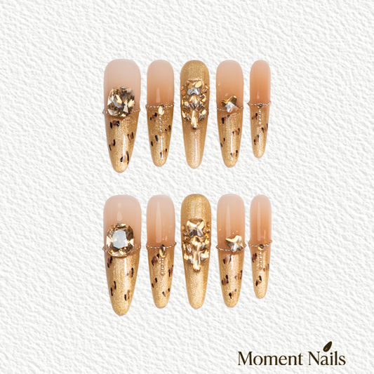 French Leopard Press-On Nails | Handmade Luxury Gold Diamond Stiletto