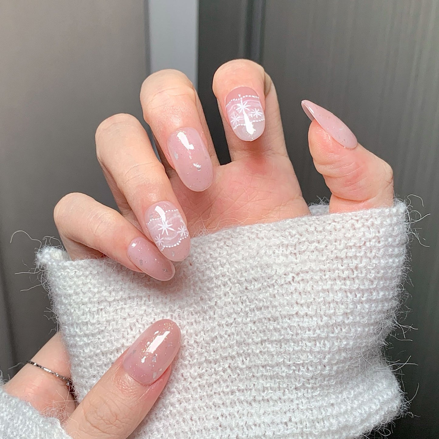 Pink Sheer Snowflake Oval Press-On Nails