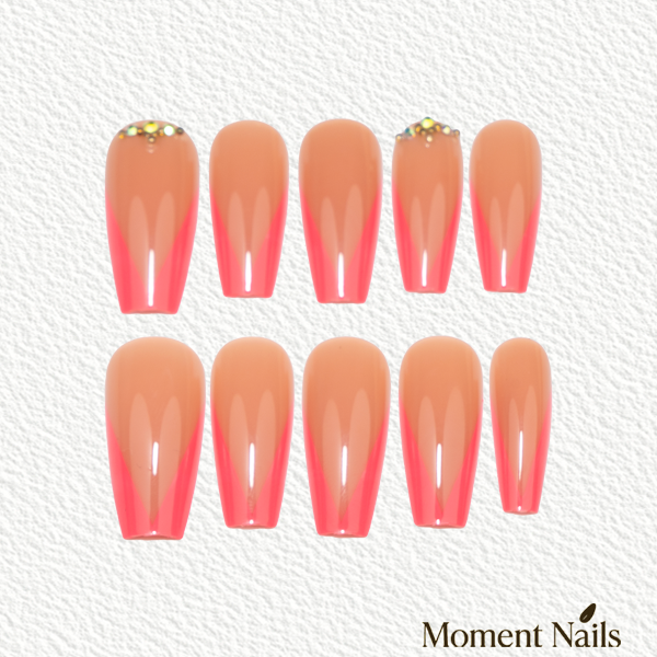 Pink Arrow Press-On Nails | Hot Pink V-French Rhinestone Coffin