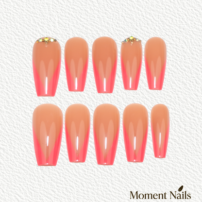 Pink Arrow Press-On Nails | Hot Pink V-French Rhinestone Coffin