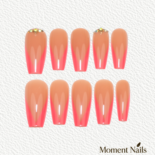 Pink Arrow Press-On Nails | Hot Pink V-French Rhinestone Coffin