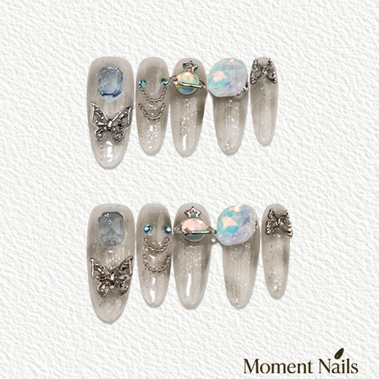 Planet Press-On Nails | Handmade Icy Rhinestone Y2K Long Oval