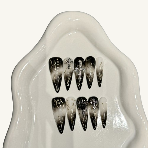 Cross Press On Nails | Black Smoke Handmade Stiletto