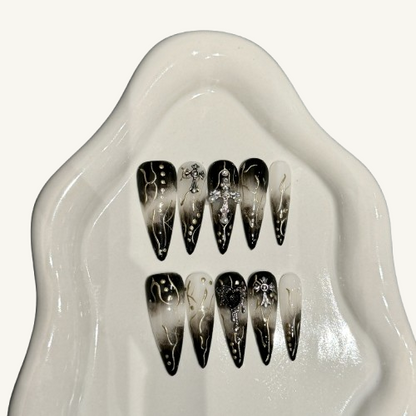 Cross Press On Nails | Black Smoke Handmade Stiletto