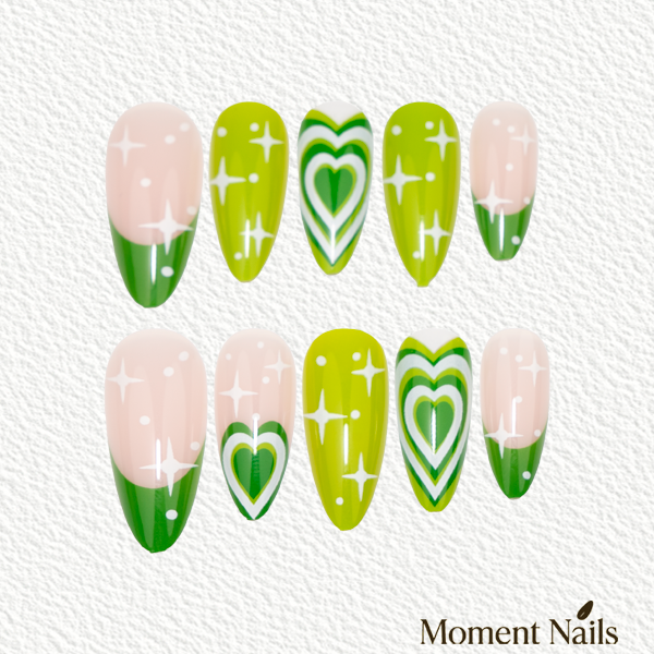 Layered Heart Press-On Nails | Green Latte Art & Stars | Stiletto