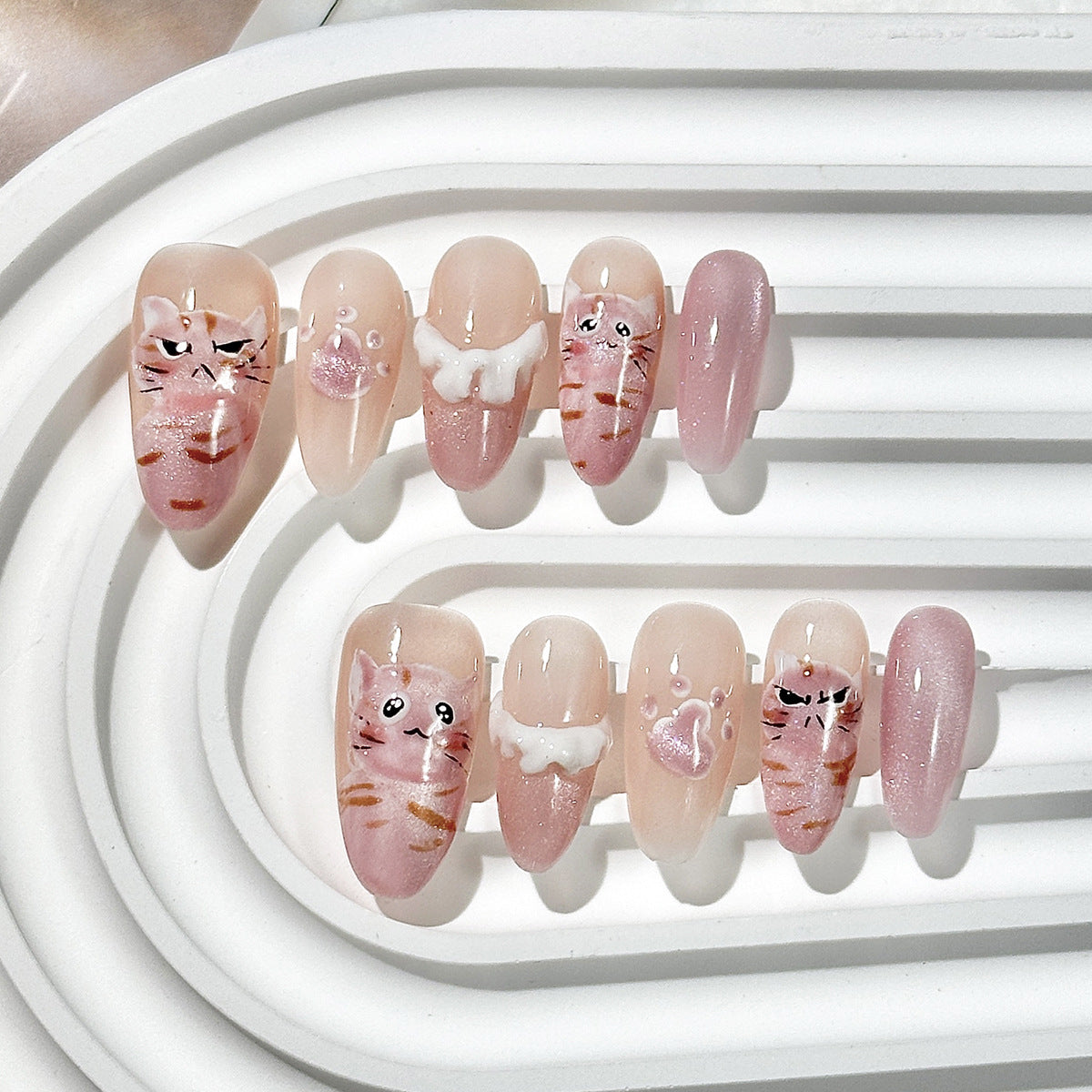 Cute Cat Pink Almond  Press-On Nails