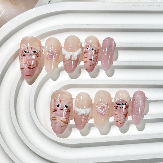 Cute Cat Pink Almond  Press-On Nails