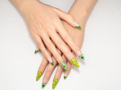 Layered Heart Press-On Nails | Green Latte Art & Stars | Stiletto