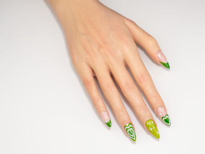 Layered Heart Press-On Nails | Green Latte Art & Stars | Stiletto