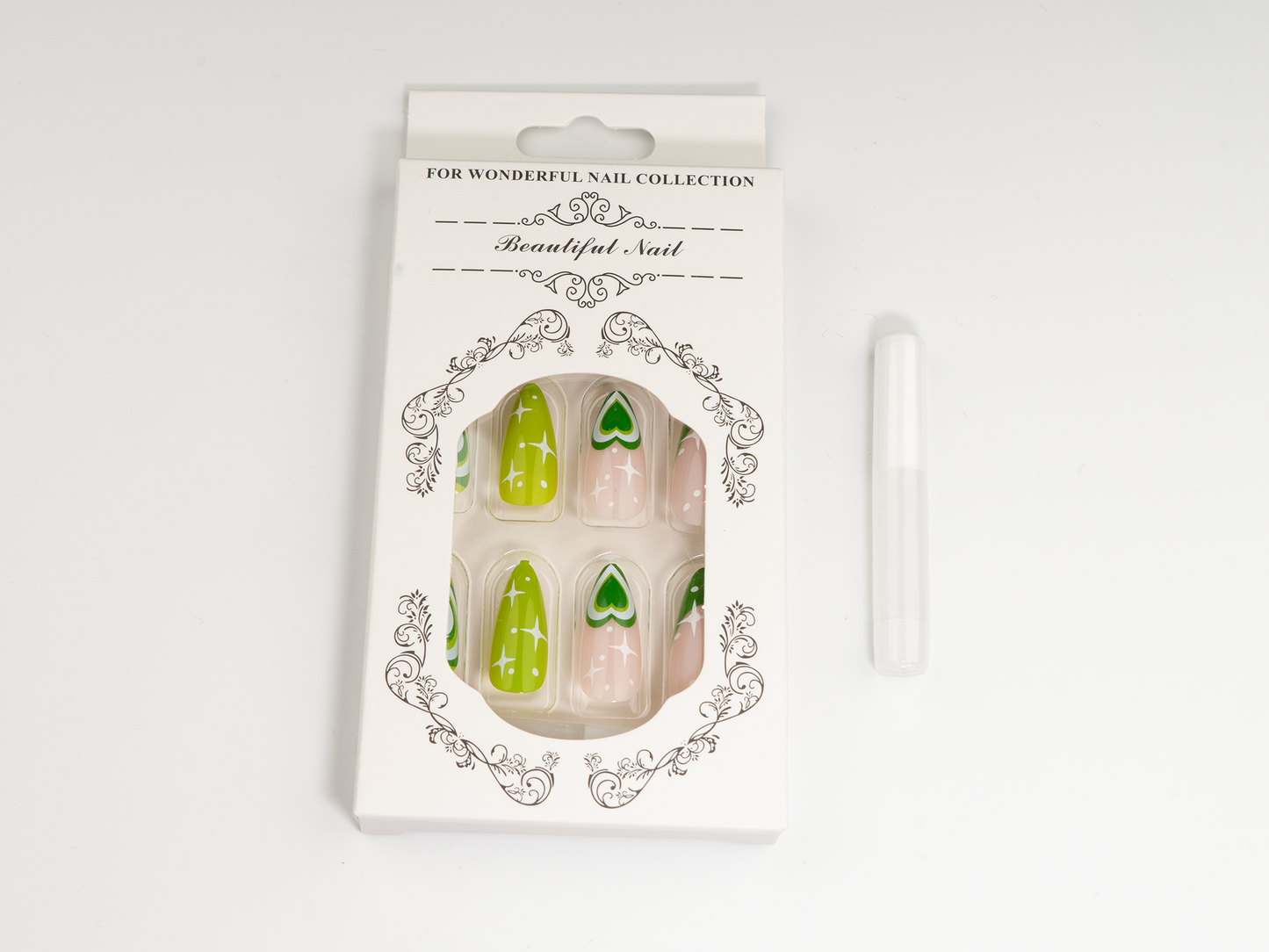 Layered Heart Press-On Nails | Green Latte Art & Stars | Stiletto