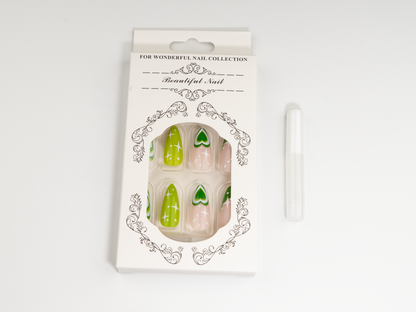 Layered Heart Press-On Nails | Green Latte Art & Stars | Stiletto