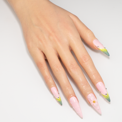 3D Flower Pink-Green Gradient Press-On Nails