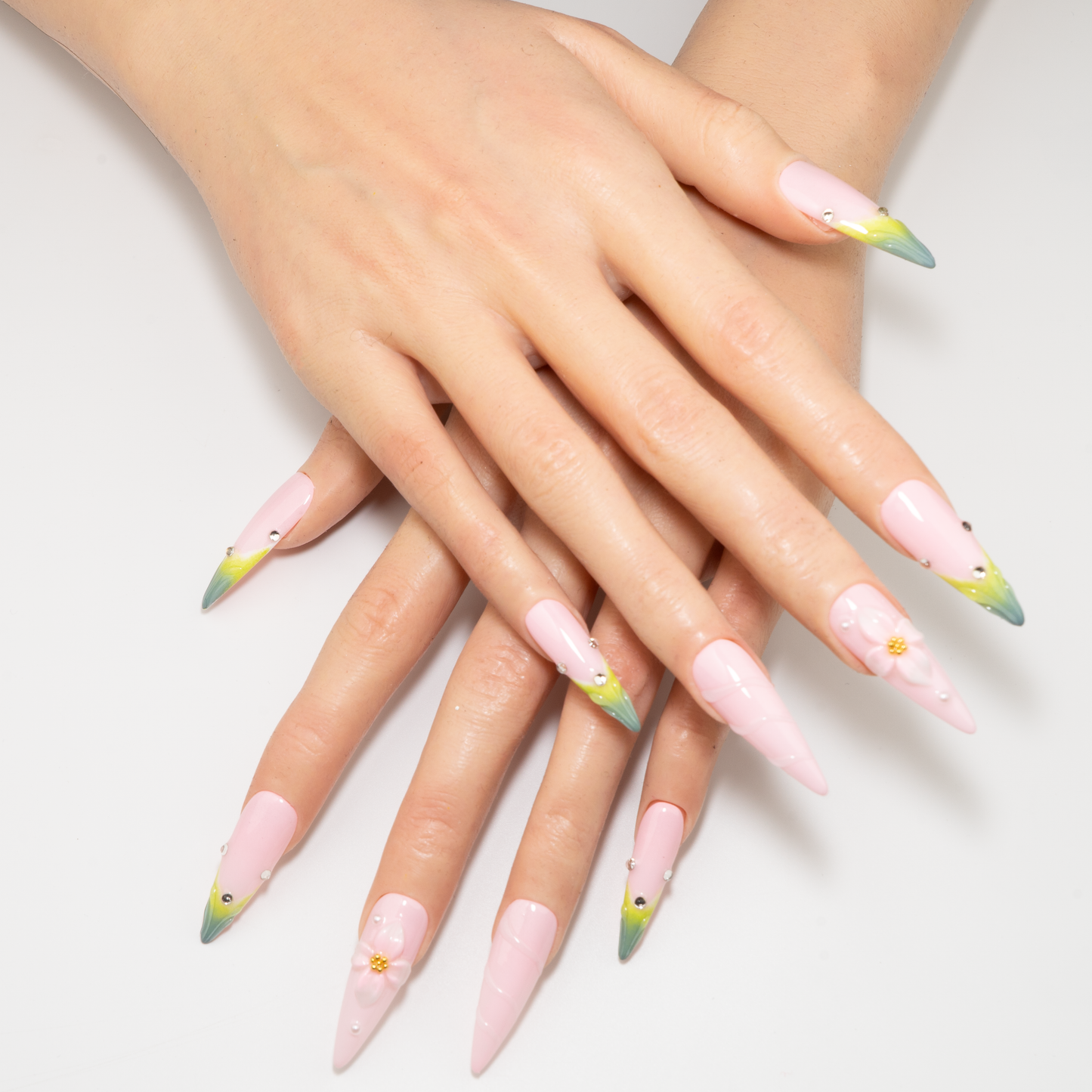 3D Flower Pink-Green Gradient Press-On Nails