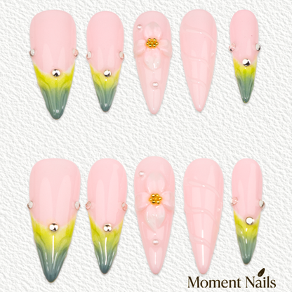 3D Flower Pink-Green Gradient Press-On Nails