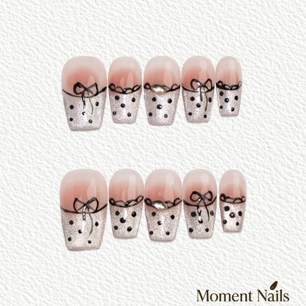 Sweetheart Dot Press-On Nails | Handmade Bow Glitter Coffin