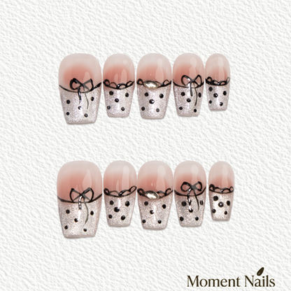 Sweetheart Dot Press-On Nails | Handmade Bow Glitter Coffin