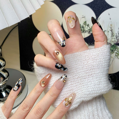 Black-Gold Floral Oval Press-On Nails