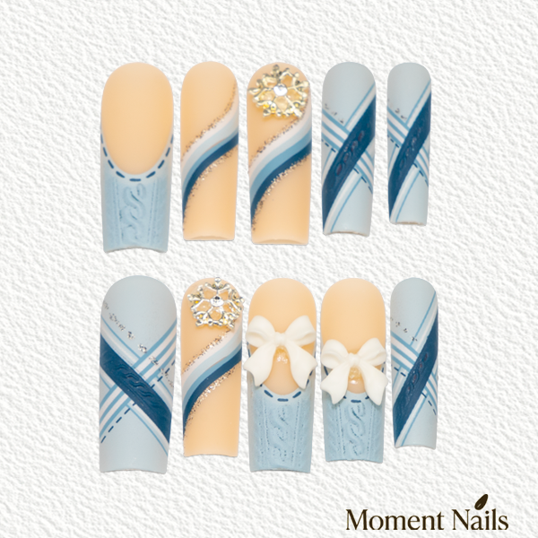 Ice Princess Press-On Nails | Rhinestone Snowflake 3D Bow Long Coffin