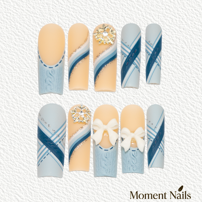 Ice Princess Press-On Nails | Rhinestone Snowflake 3D Bow Long Coffin