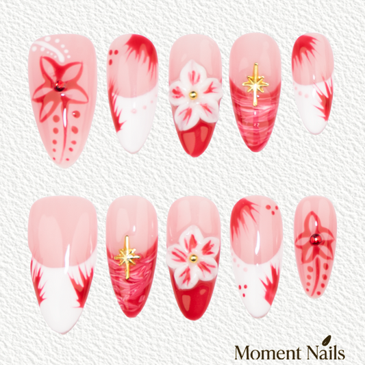 Red & White 3D Floral Press-On Nails