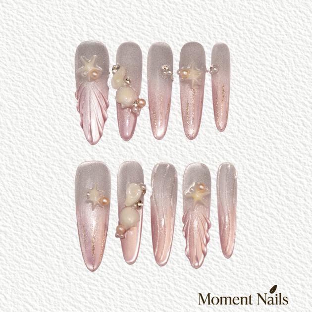 Pearl Shell Press On Nails | Silver Cat Eye Handmade Stiletto