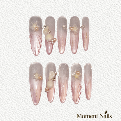 Pearl Shell Press On Nails | Silver Cat Eye Handmade Stiletto