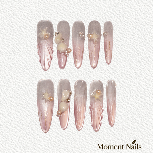 Pearl Shell Press On Nails | Silver Cat Eye Handmade Stiletto