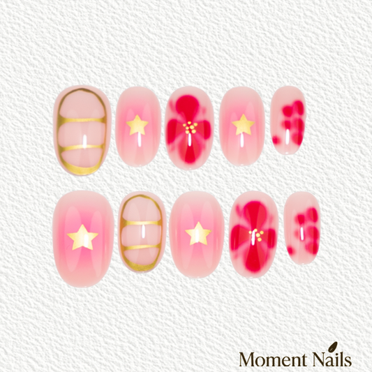 Pink Flower Press-On Nails | Gold Star & Stripe Art | Short Oval