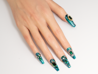 Mermaid's Trove Press-On Nails | Handmade Emerald Glitter Coffin