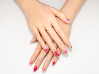 Pink Flower Press-On Nails | Gold Star & Stripe Art | Short Oval